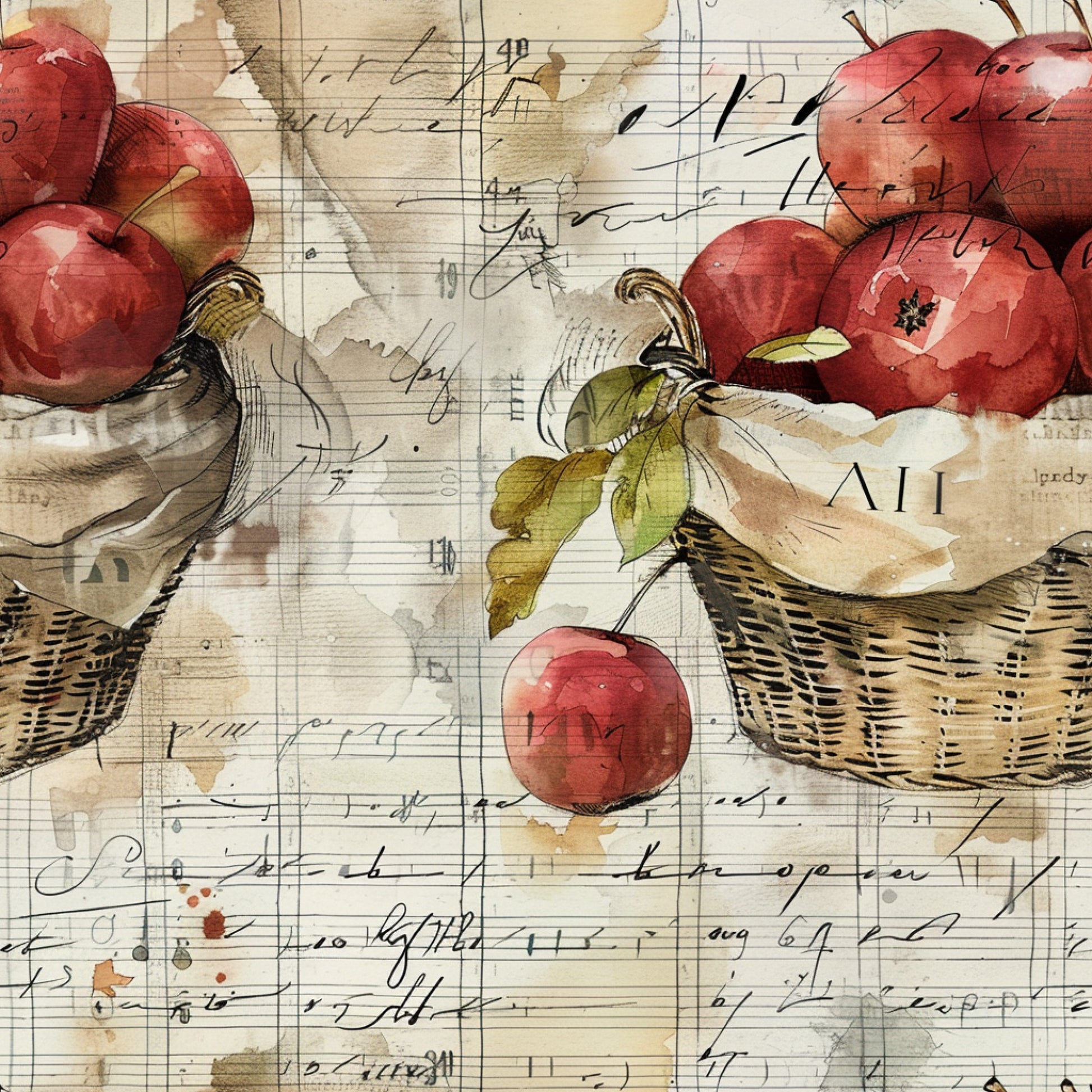 red apples, wicker baskets, vintage script, handwritten text, watercolor style, farm fresh, harvest theme, botanical illustration, cream background, rustic charm, quilting cotton, fabric panel, autumn colors, country living, orchard scene, nostalgic artwork, aged paper, natural elements, soft textures, farming motifs