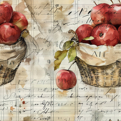 red apples, wicker baskets, vintage script, handwritten text, watercolor style, farm fresh, harvest theme, botanical illustration, cream background, rustic charm, quilting cotton, fabric panel, autumn colors, country living, orchard scene, nostalgic artwork, aged paper, natural elements, soft textures, farming motifs