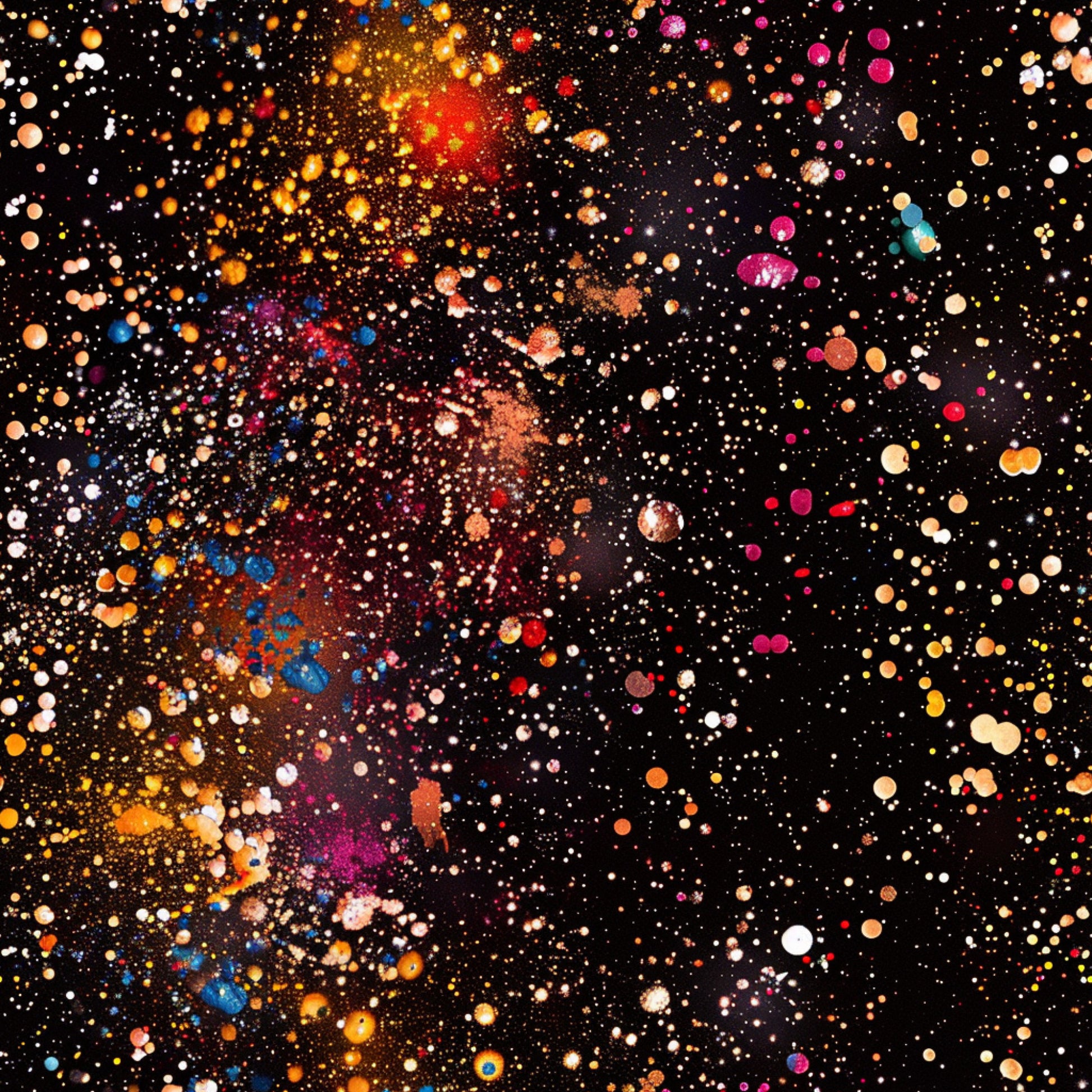 glitter, paint splatter, abstract pattern, multicolor, vibrant colors, orange, pink, blue, white, yellow, red, purple, black background, cosmic design, space-like, scattered dots, artistic splashes, quilting cotton, fabric panel, modern art style, celestial theme, sparkly effect