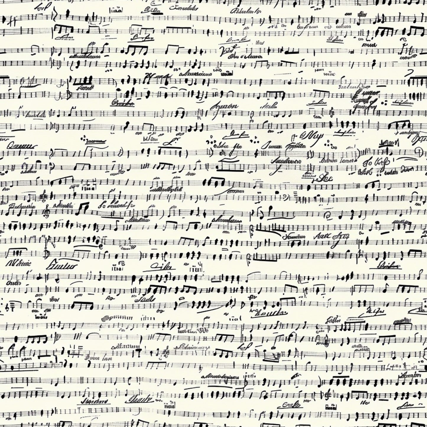 black and white, musical notes, sheet music, handwritten notation, vintage style, monochrome, cotton fabric, quilting panel, music themed, manuscript paper, treble clef, musical staff, antique aesthetic, cream background, ink writing, composer notes, musical composition, fabric panel, craft material