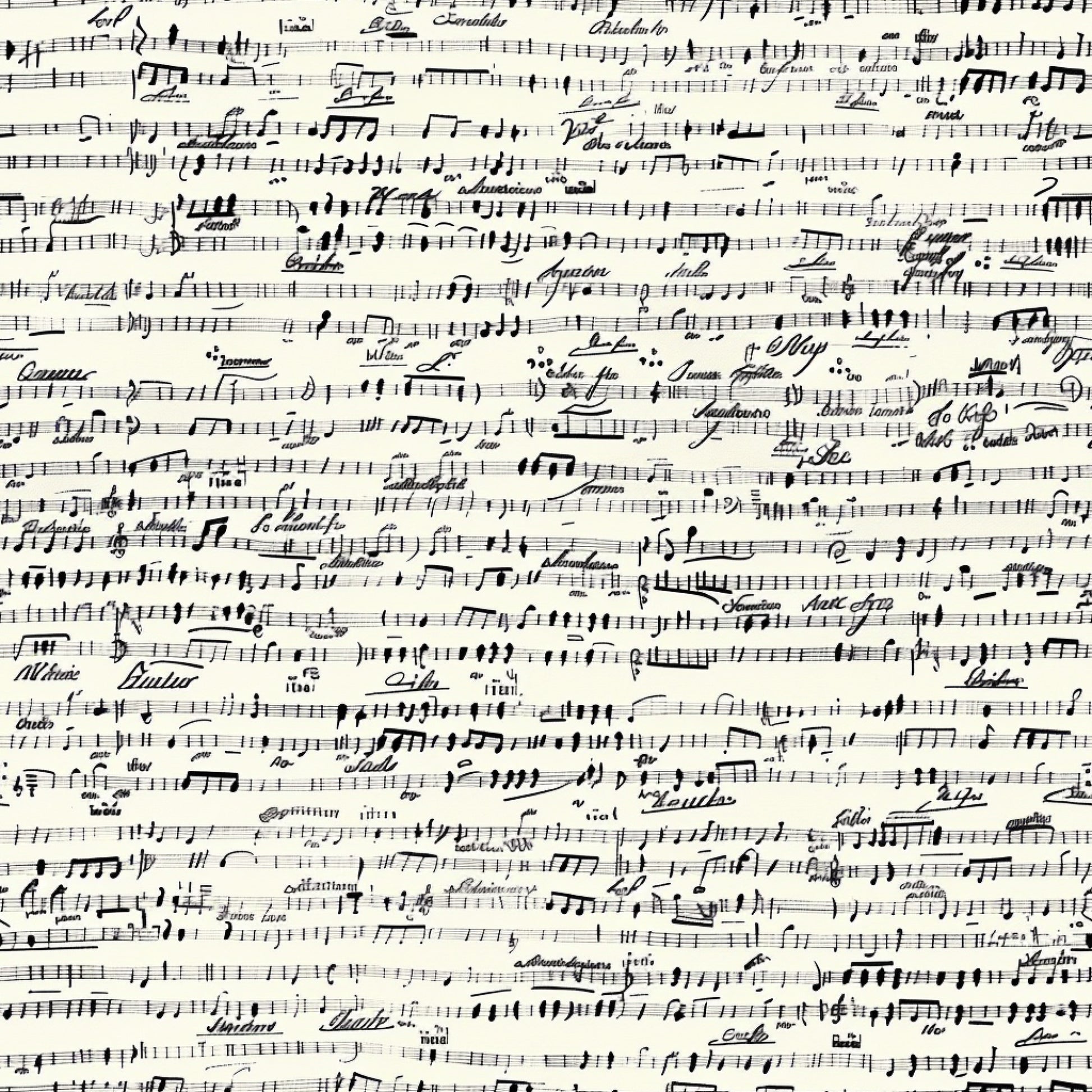 black and white, musical notes, sheet music, handwritten notation, vintage style, monochrome, cotton fabric, quilting panel, music themed, manuscript paper, treble clef, musical staff, antique aesthetic, cream background, ink writing, composer notes, musical composition, fabric panel, craft material