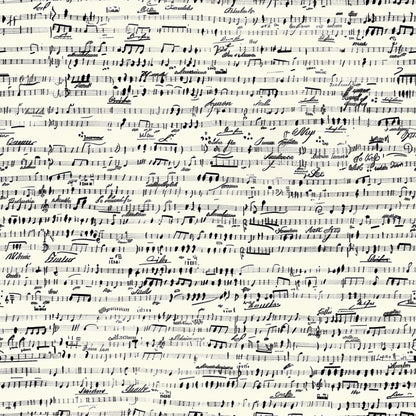 black and white, musical notes, sheet music, handwritten notation, vintage style, monochrome, cotton fabric, quilting panel, music themed, manuscript paper, treble clef, musical staff, antique aesthetic, cream background, ink writing, composer notes, musical composition, fabric panel, craft material