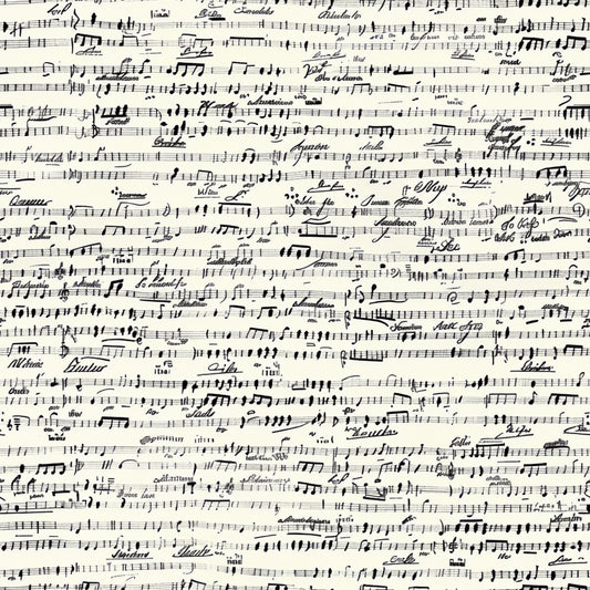 black and white, musical notes, sheet music, handwritten notation, vintage style, monochrome, cotton fabric, quilting panel, music themed, manuscript paper, treble clef, musical staff, antique aesthetic, cream background, ink writing, composer notes, musical composition, fabric panel, craft material