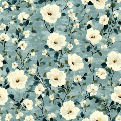 cornflower blue, sage green, cream white, floral pattern, botanical design, delicate flowers, leafy branches, vintage style, soft pastels, quilting cotton, fabric panel, romantic mood, feminine design, watercolor effect, scattered blooms, nature motif, gentle colors, flowing vines, artistic florals