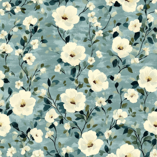 cornflower blue, sage green, cream white, floral pattern, botanical design, delicate flowers, leafy branches, vintage style, soft pastels, quilting cotton, fabric panel, romantic mood, feminine design, watercolor effect, scattered blooms, nature motif, gentle colors, flowing vines, artistic florals