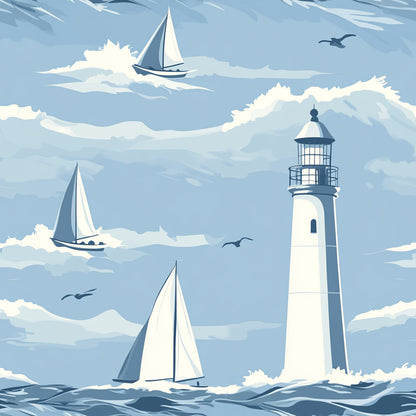 lighthouse, sailboats, nautical scene, ocean waves, seagulls, blue sky, white clouds, coastal theme, maritime, sailing vessels, light blue, navy blue, cream white, quilting cotton, fabric panel, seaside pattern, marine life, boat sails, lighthouse beacon, windswept clouds