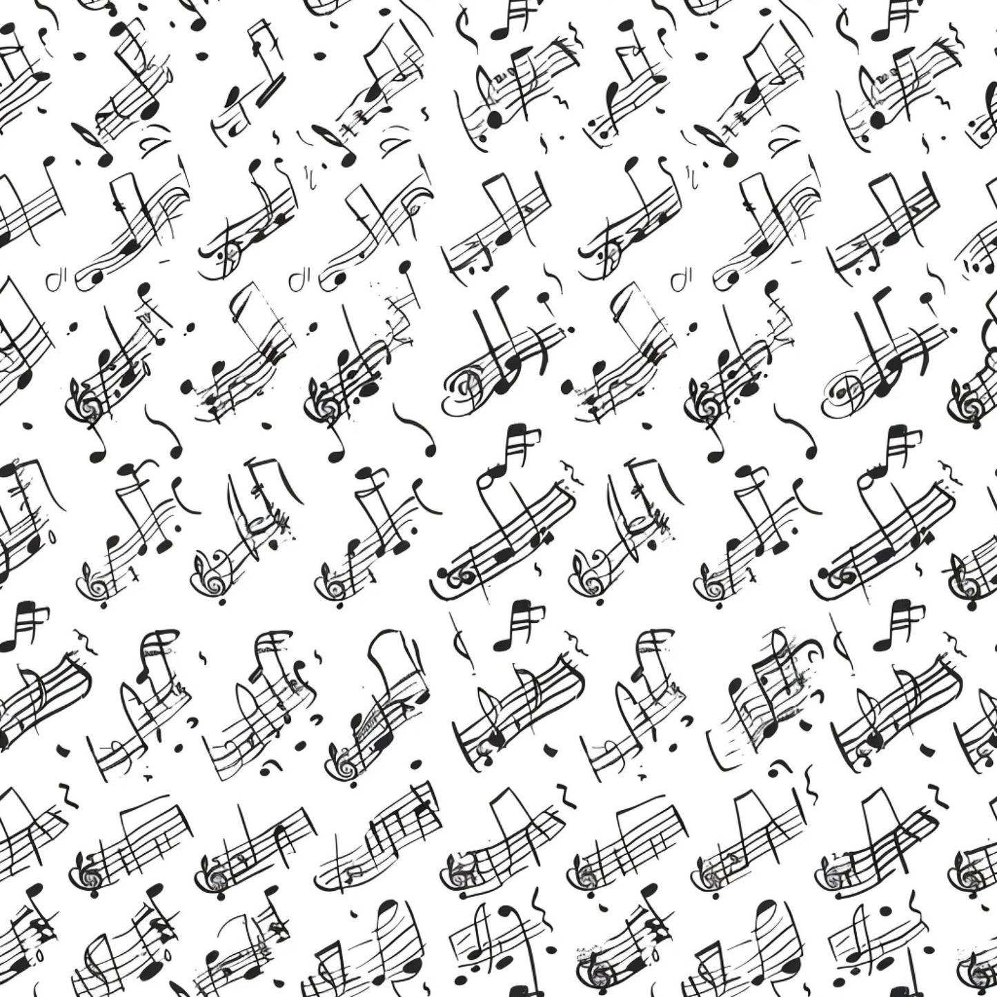 black and white, musical notes, treble clef, staff lines, handwritten style, scattered pattern, monochrome, quilting cotton, fabric panel, music theme, flowing design, artistic notation, repeating motif, craft fabric, sewing material, musical symbols, elegant pattern, contemporary style