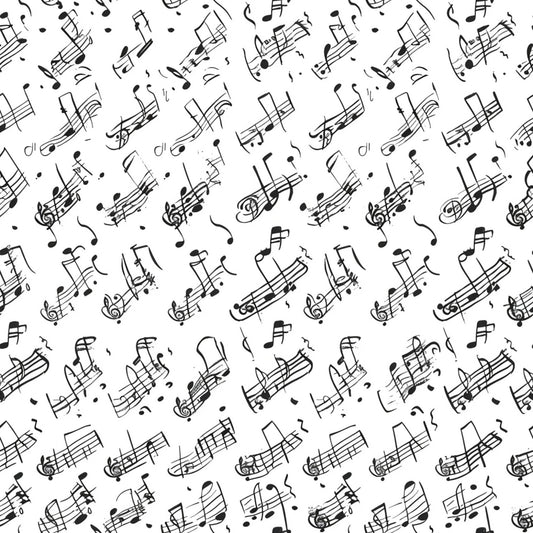 black and white, musical notes, treble clef, staff lines, handwritten style, scattered pattern, monochrome, quilting cotton, fabric panel, music theme, flowing design, artistic notation, repeating motif, craft fabric, sewing material, musical symbols, elegant pattern, contemporary style