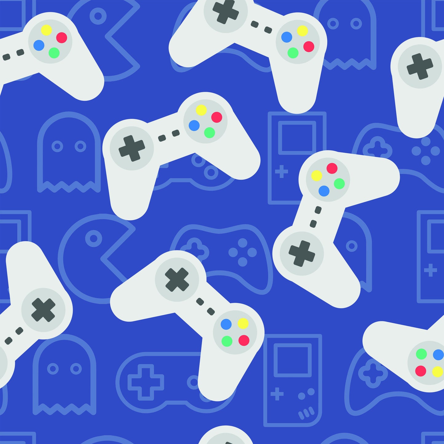 blue, royal blue, white, gaming controllers, video game, retro controllers, geometric pattern, gaming theme, quilting cotton, fabric panel, gaming icons, controller buttons, colorful buttons, red buttons, yellow buttons, green buttons, digital pattern, gaming motifs, scattered design, modern gaming