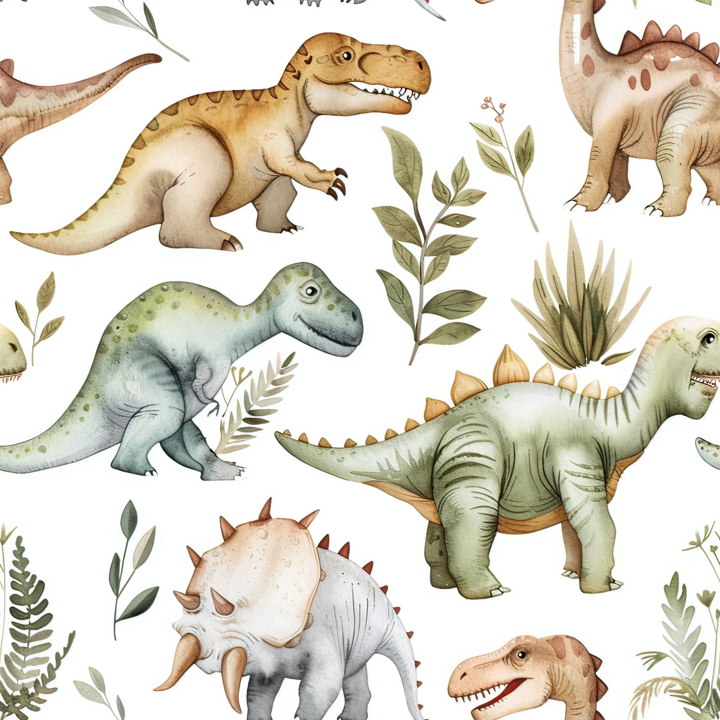 watercolor dinosaurs, prehistoric creatures, t-rex, stegosaurus, triceratops, green foliage, botanical elements, brown tones, sage green, cream background, orange accents, repeating pattern, children's fabric, quilting cotton, fabric panel, whimsical illustrations, nature theme, educational motif, nursery decor, craft supplies