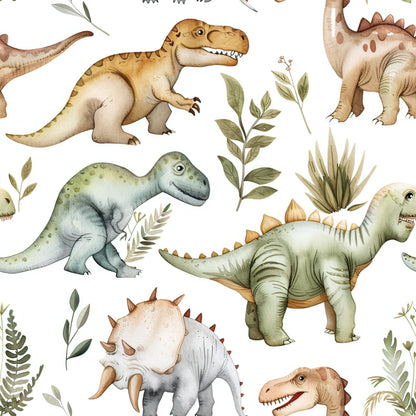 watercolor dinosaurs, prehistoric creatures, t-rex, stegosaurus, triceratops, green foliage, botanical elements, brown tones, sage green, cream background, orange accents, repeating pattern, children's fabric, quilting cotton, fabric panel, whimsical illustrations, nature theme, educational motif, nursery decor, craft supplies
