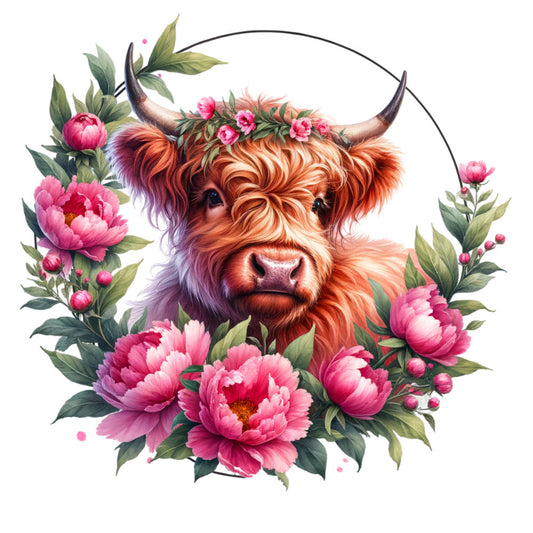 Floral Highland Cow Fabric Panel 8