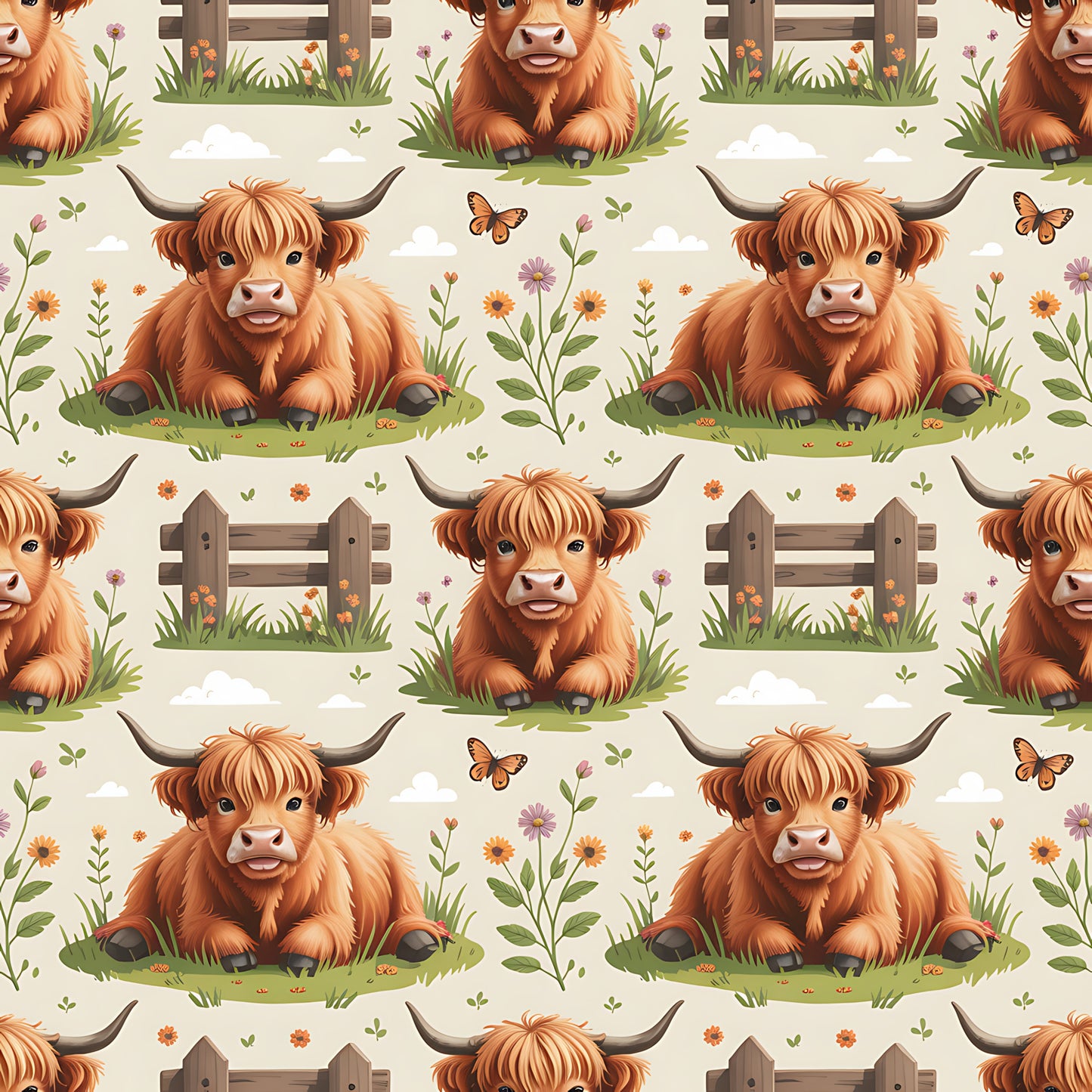 Cartoon Highland Cows Pattern 4 Quilting Cotton Fabric