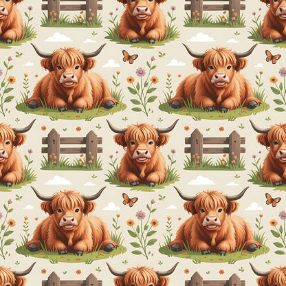 Cartoon Highland Cows Pattern 4 Quilting Cotton Fabric