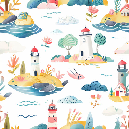 springtime, lighthouse, coastal scene, watercolor style, whimsical illustration, coral pink, teal blue, sunny yellow, sage green, navy blue, seagulls, ocean waves, tropical flowers, palm trees, islands, boats, clouds, quilting cotton, fabric panel, nautical theme