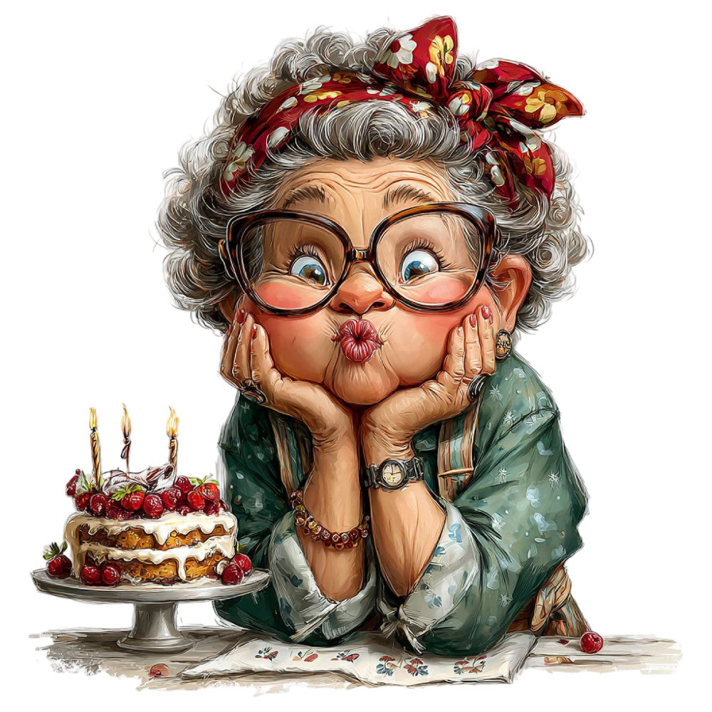 Whimsical Old Lady Birthday Fabric Panel 30