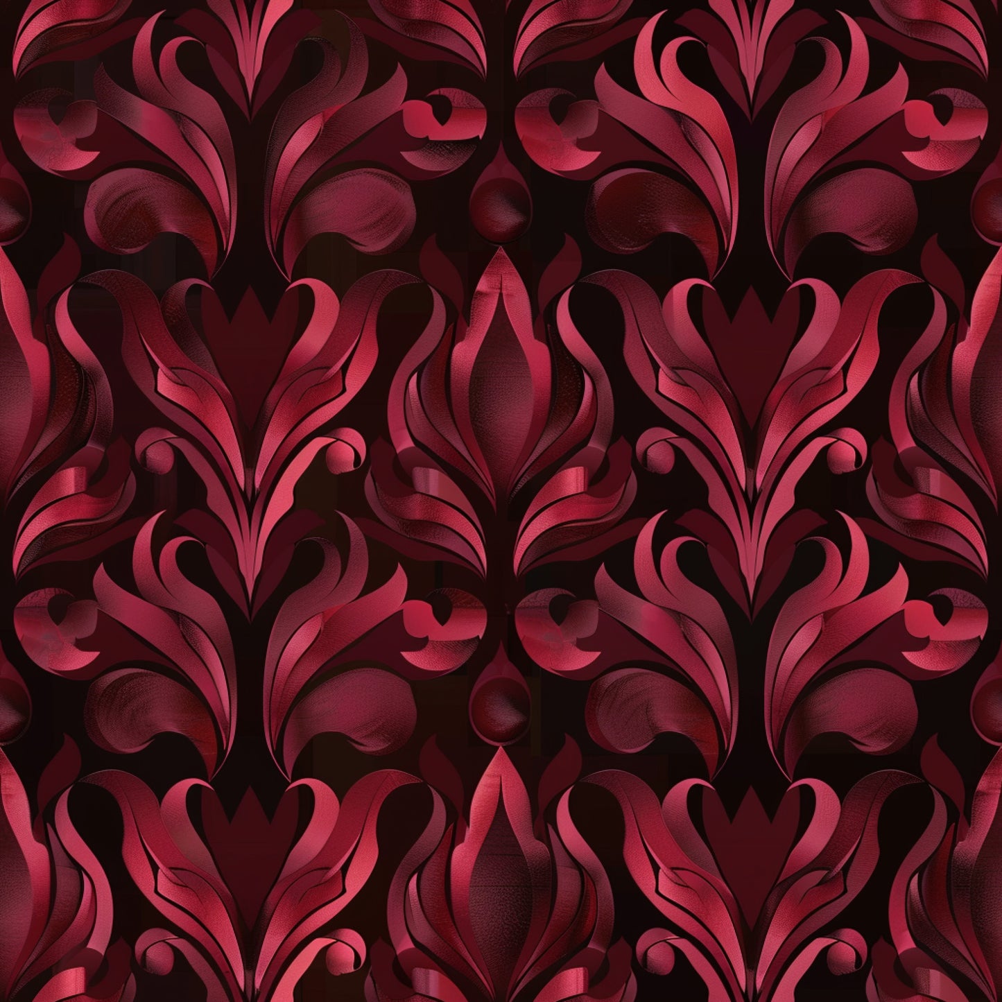 burgundy, deep red, maroon, crimson, abstract pattern, damask motif, ornate scrollwork, flourishes, decorative swirls, baroque style, elegant curves, dimensional design, luxurious, rich tones, quilting cotton, fabric panel, sophisticated pattern, flowing lines, ornamental design, repeating motif