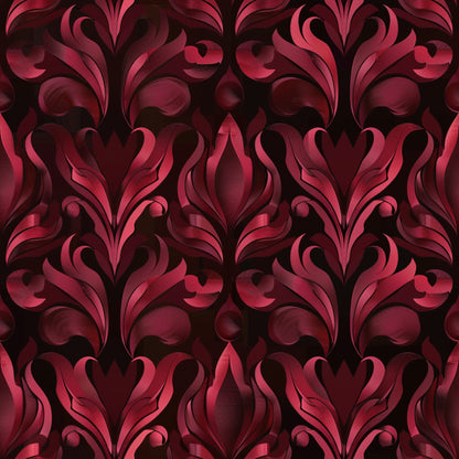 burgundy, deep red, maroon, crimson, abstract pattern, damask motif, ornate scrollwork, flourishes, decorative swirls, baroque style, elegant curves, dimensional design, luxurious, rich tones, quilting cotton, fabric panel, sophisticated pattern, flowing lines, ornamental design, repeating motif