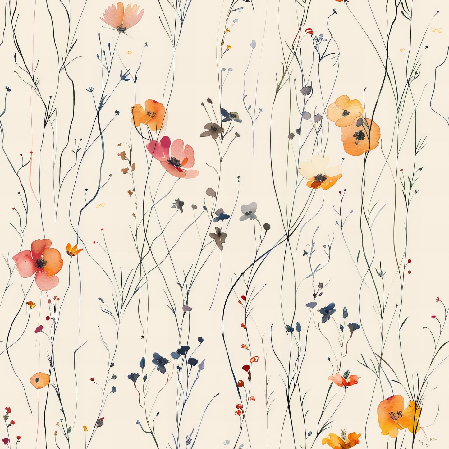 handdrawn meadow, wildflowers, floral pattern, orange poppies, coral flowers, delicate stems, botanical illustration, watercolor style, cream background, nature motif, quilting cotton, fabric panel, scattered blooms, whimsical florals, soft pastels, organic design, spring flowers, artistic rendering, feminine pattern, crafting fabric