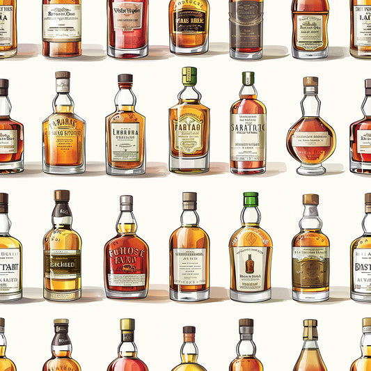 whiskey bottles, amber liquid, golden brown, russet orange, cream labels, glass bottles, scottish theme, alcohol collection, vintage bottles, quilting cotton, fabric panel, realistic illustration, bar scene, distillery motif, brown tones, bottle shapes, spirits design, beverage pattern, detailed artwork, repeating pattern