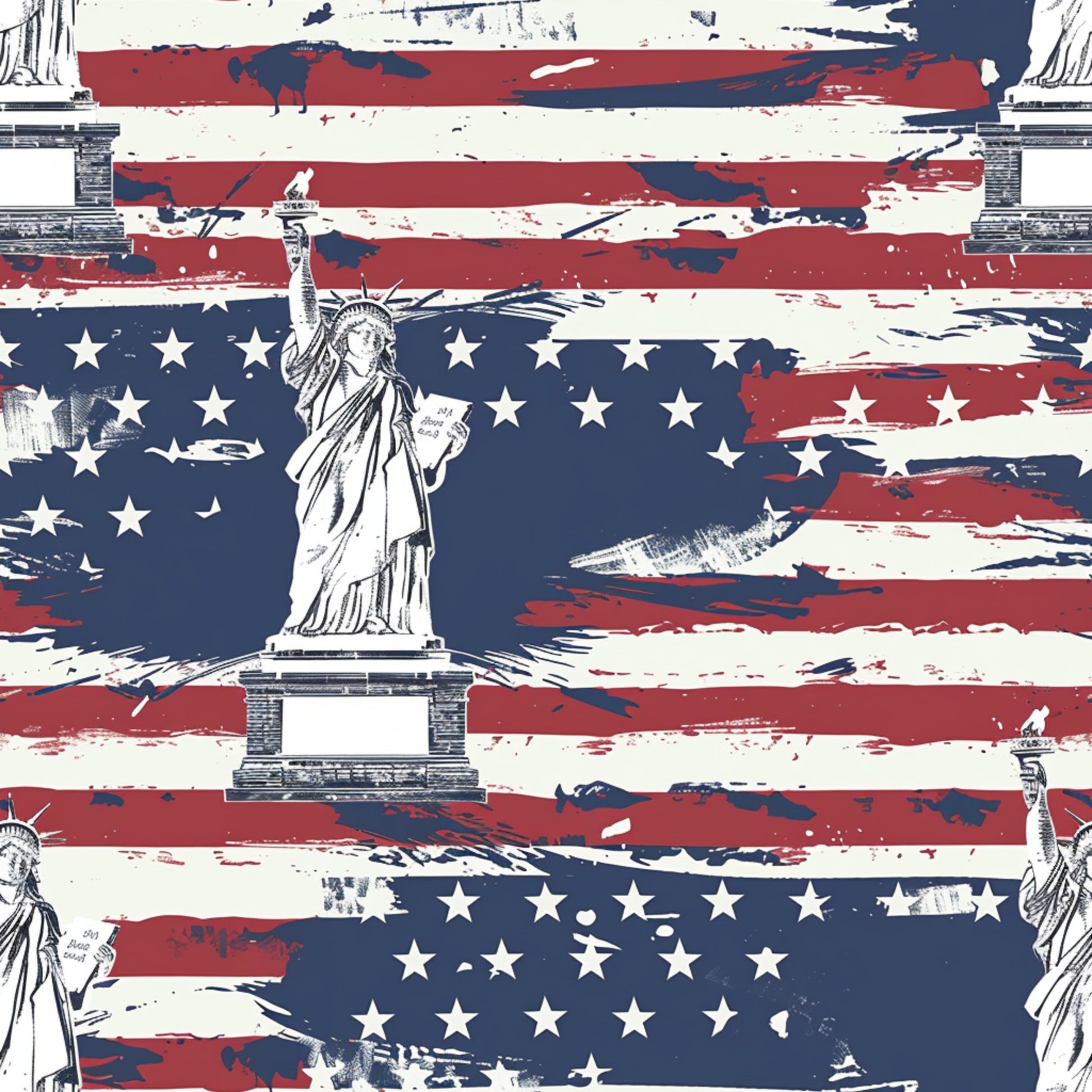 red, white, blue, navy blue, distressed stripes, weathered flag, statue of liberty, patriotic, stars, american flag, vintage style, rustic, grunge texture, independence day, fourth of july, quilting cotton, fabric panel, brushstroke effect, faded appearance, liberty torch