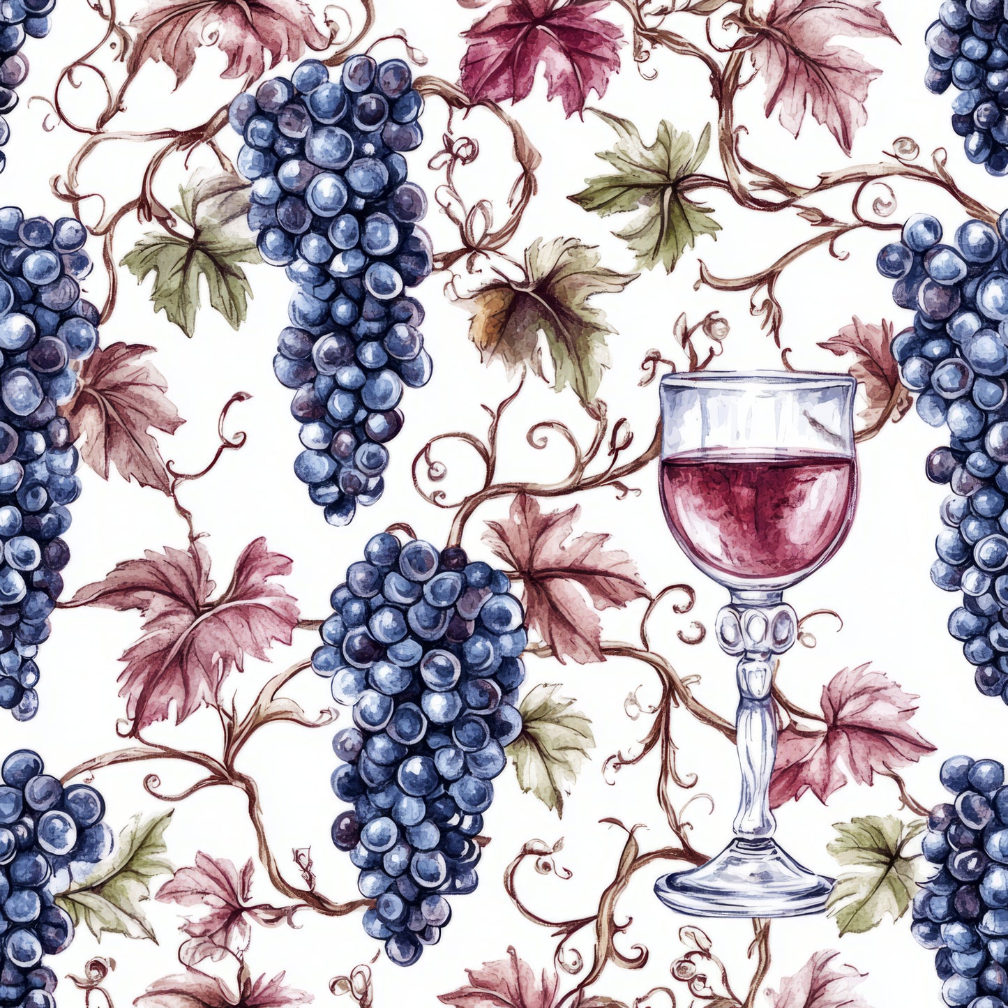 burgundy, deep blue, wine red, sage green, cream background, grapes, grape clusters, wine glass, grapevines, vineyard, leaves, botanical, watercolor style, repeating pattern, quilting cotton, fabric panel, wine theme, vintage style, elegant, autumn colors