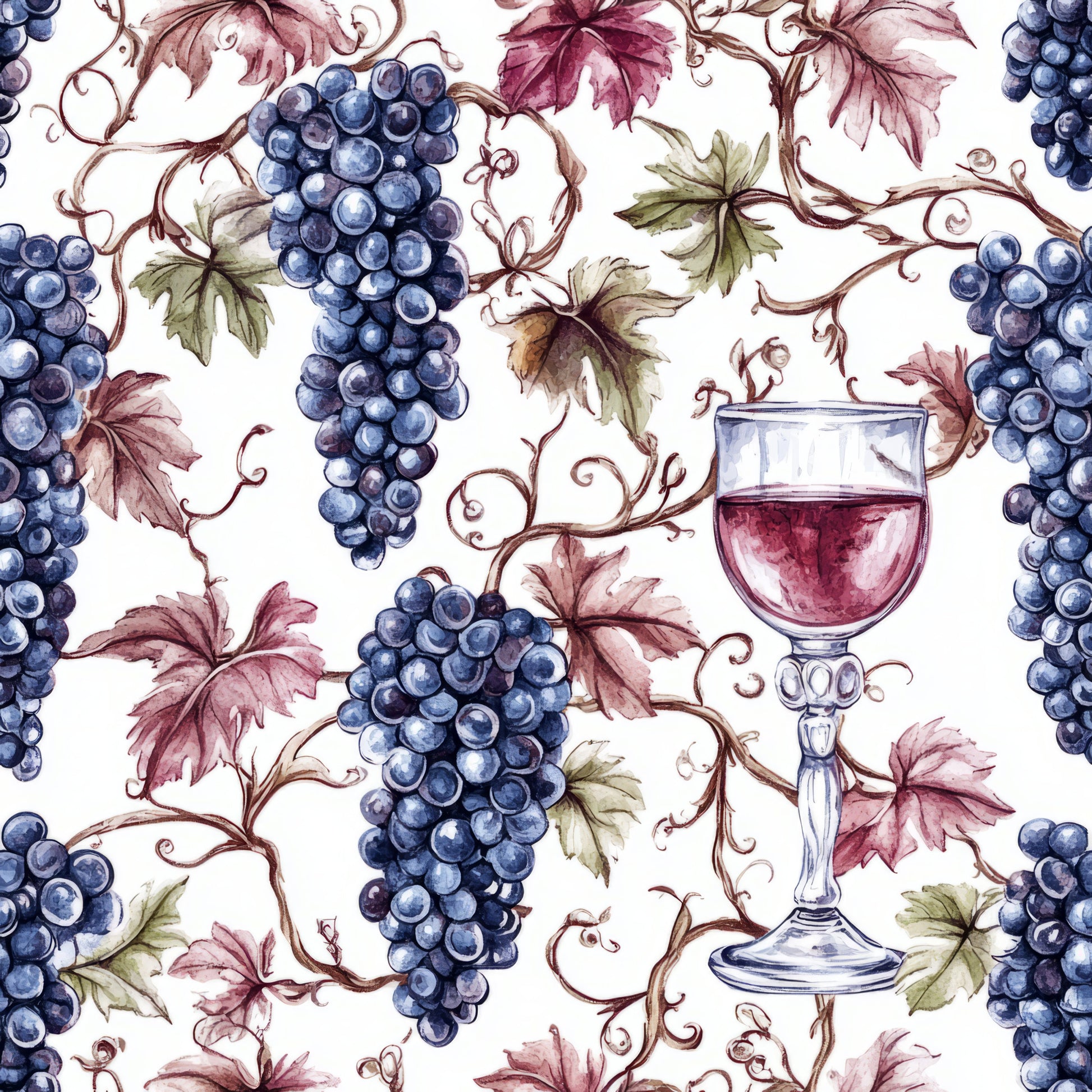burgundy, deep blue, wine red, sage green, cream background, grapes, grape clusters, wine glass, grapevines, vineyard, leaves, botanical, watercolor style, repeating pattern, quilting cotton, fabric panel, wine theme, vintage style, elegant, autumn colors