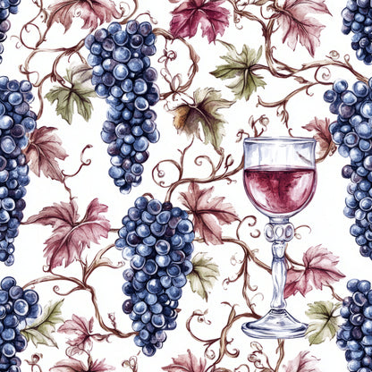 burgundy, deep blue, wine red, sage green, cream background, grapes, grape clusters, wine glass, grapevines, vineyard, leaves, botanical, watercolor style, repeating pattern, quilting cotton, fabric panel, wine theme, vintage style, elegant, autumn colors