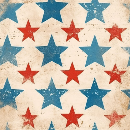 red stars, blue stars, cream background, patriotic pattern, distressed texture, vintage worn, weathered look, americana theme, star motif, quilting cotton, fabric panel, rustic finish, faded appearance, repeating pattern, fourth of july, memorial day, independence day, grunge texture, aged effect