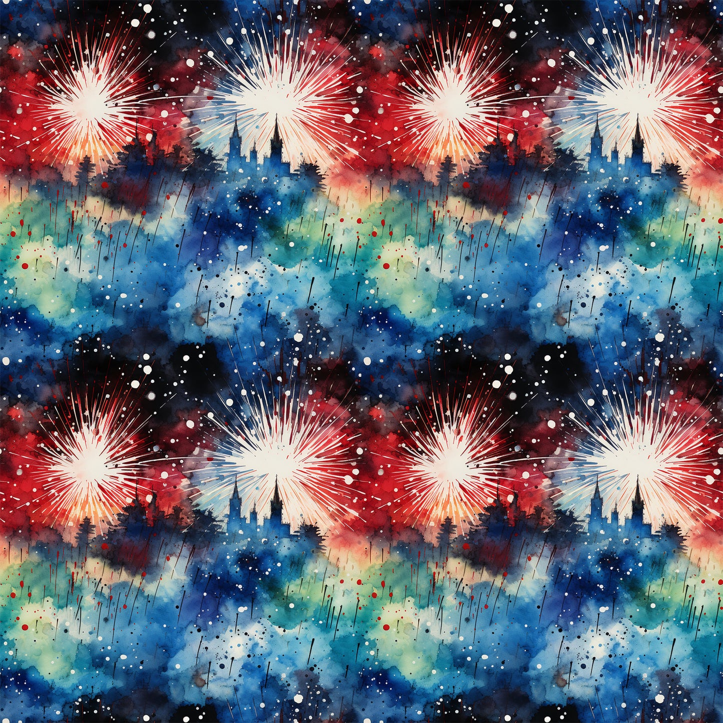 patriotic fireworks, red white blue, watercolor style, grunge texture, burst pattern, celebration theme, fourth of july, firework explosions, splatter effect, distressed look, quilting cotton, fabric panel, star bursts, painterly design, abstract fireworks, americana theme, holiday fabric, textured background, repeating pattern