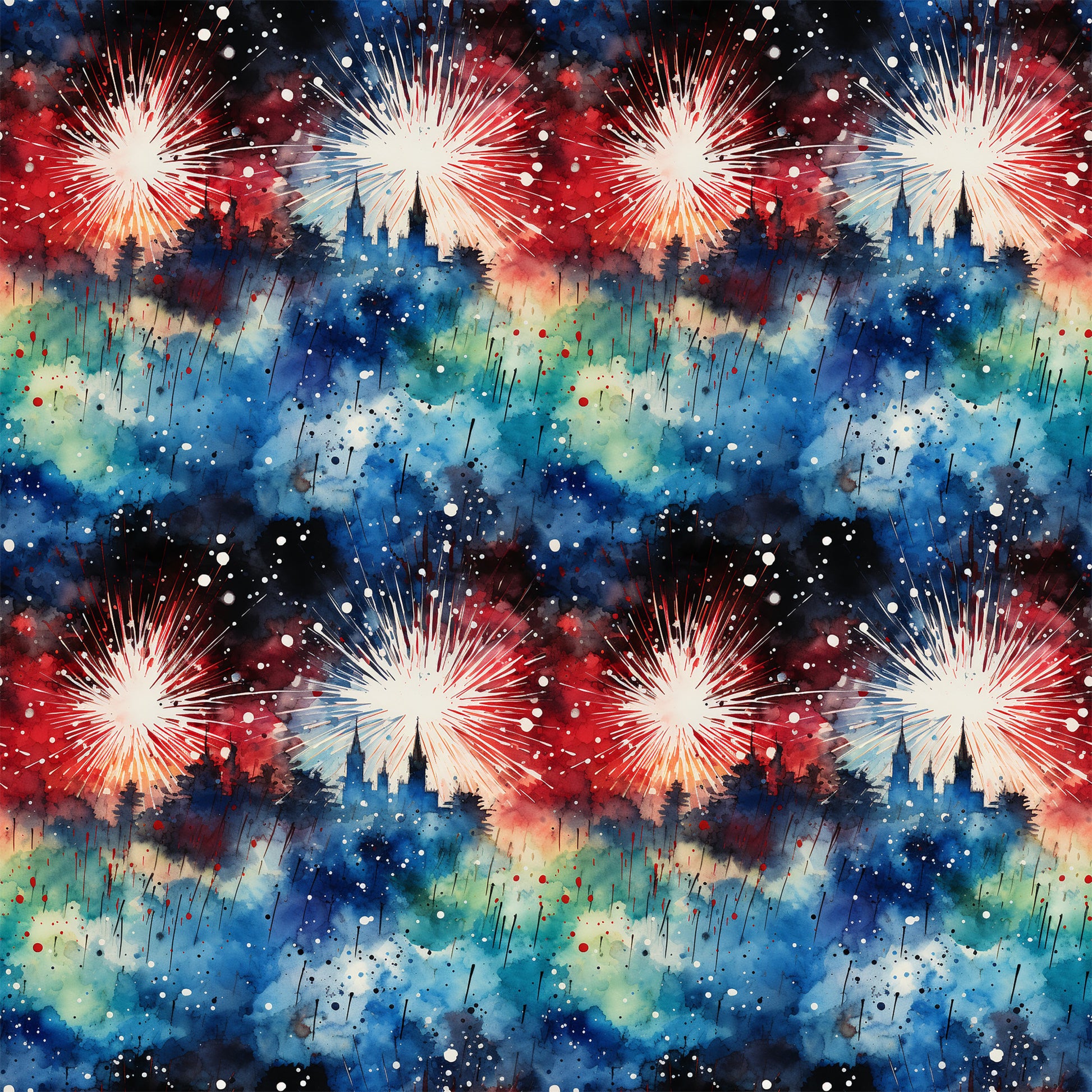 patriotic fireworks, red white blue, watercolor style, grunge texture, burst pattern, celebration theme, fourth of july, firework explosions, splatter effect, distressed look, quilting cotton, fabric panel, star bursts, painterly design, abstract fireworks, americana theme, holiday fabric, textured background, repeating pattern