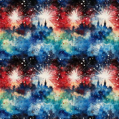 patriotic fireworks, red white blue, watercolor style, grunge texture, burst pattern, celebration theme, fourth of july, firework explosions, splatter effect, distressed look, quilting cotton, fabric panel, star bursts, painterly design, abstract fireworks, americana theme, holiday fabric, textured background, repeating pattern
