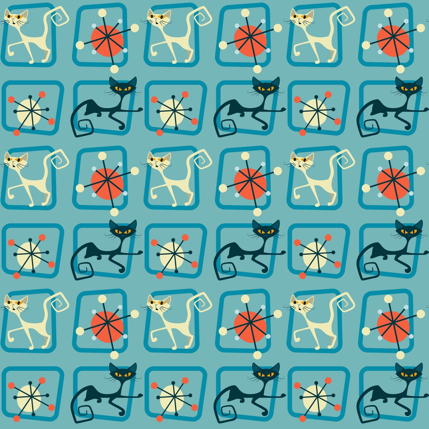 turquoise, teal, orange, red, cream, atomic pattern, mid-century modern, retro cats, stylized cats, geometric shapes, starburst motifs, angular design, 1950s style, modernist, repeating pattern, quilting cotton, fabric panel, vintage inspired, atomic age, sleek cats