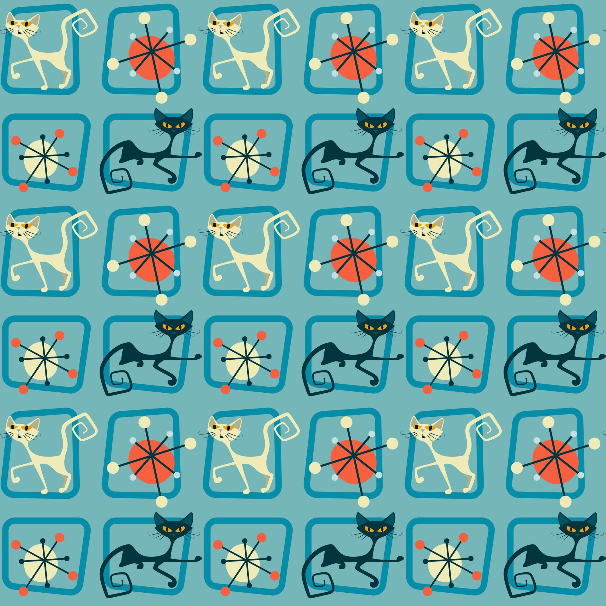 turquoise, teal, orange, red, cream, atomic pattern, mid-century modern, retro cats, stylized cats, geometric shapes, starburst motifs, angular design, 1950s style, modernist, repeating pattern, quilting cotton, fabric panel, vintage inspired, atomic age, sleek cats