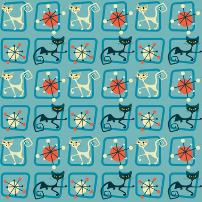 turquoise, teal, orange, red, cream, atomic pattern, mid-century modern, retro cats, stylized cats, geometric shapes, starburst motifs, angular design, 1950s style, modernist, repeating pattern, quilting cotton, fabric panel, vintage inspired, atomic age, sleek cats