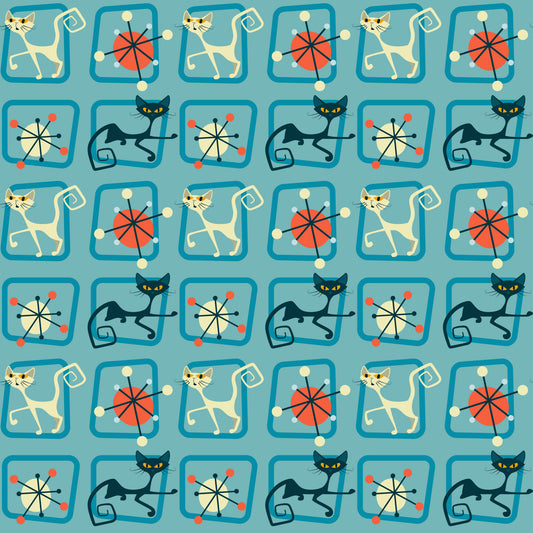 turquoise, teal, orange, red, cream, atomic pattern, mid-century modern, retro cats, stylized cats, geometric shapes, starburst motifs, angular design, 1950s style, modernist, repeating pattern, quilting cotton, fabric panel, vintage inspired, atomic age, sleek cats