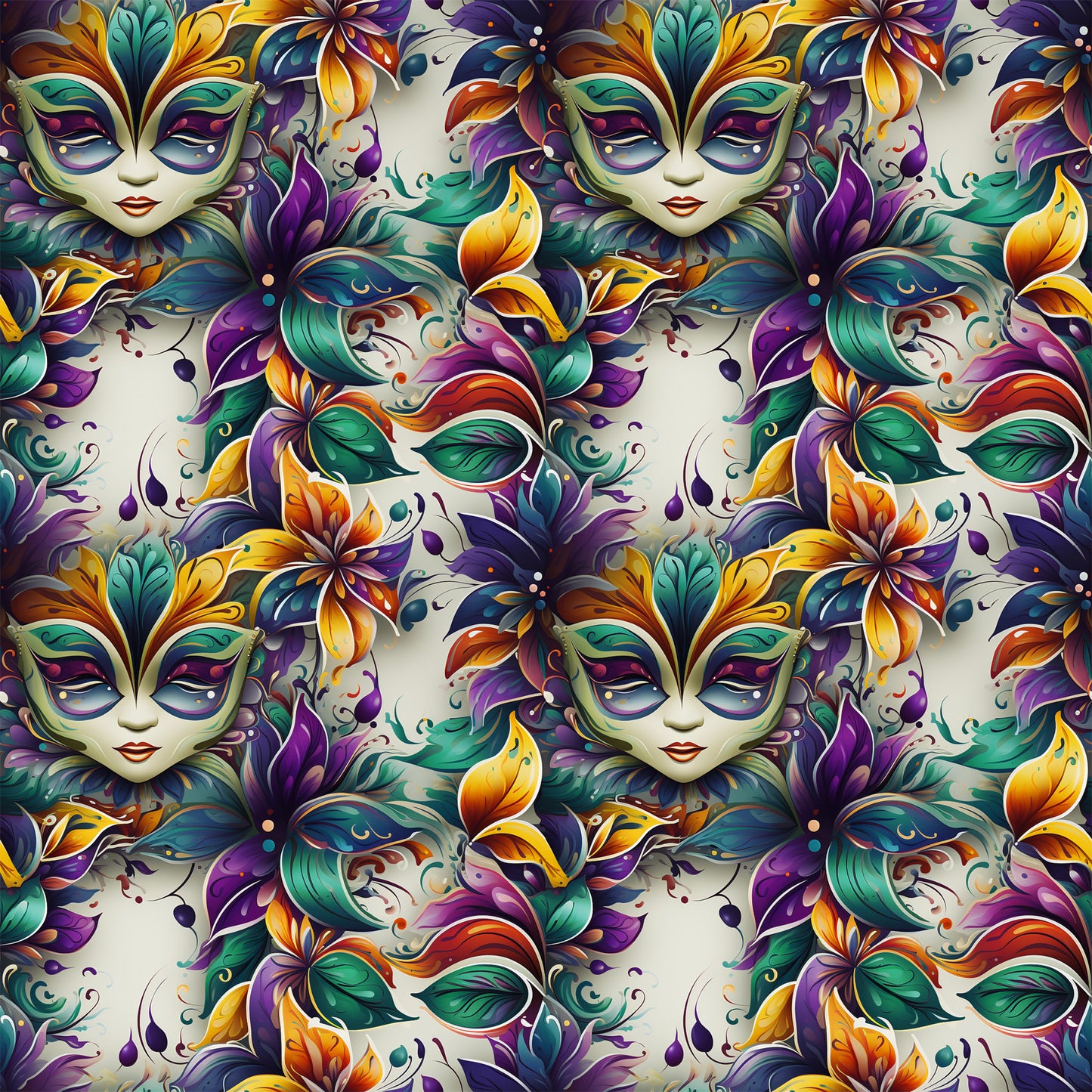 mardi gras masks, venetian masks, purple, green, gold, orange, teal, floral motifs, feathers, ornate designs, carnival theme, masquerade, decorative swirls, fantasy faces, quilting cotton, fabric panel, festive pattern, new orleans style, baroque elements, vibrant colors