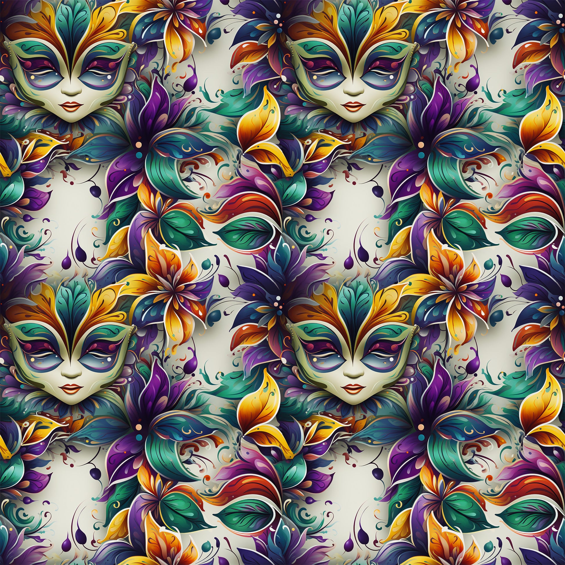 mardi gras masks, venetian masks, purple, green, gold, orange, teal, floral motifs, feathers, ornate designs, carnival theme, masquerade, decorative swirls, fantasy faces, quilting cotton, fabric panel, festive pattern, new orleans style, baroque elements, vibrant colors