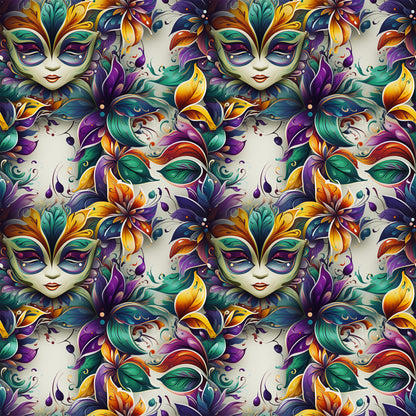 mardi gras masks, venetian masks, purple, green, gold, orange, teal, floral motifs, feathers, ornate designs, carnival theme, masquerade, decorative swirls, fantasy faces, quilting cotton, fabric panel, festive pattern, new orleans style, baroque elements, vibrant colors