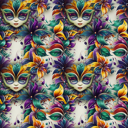 mardi gras masks, venetian masks, purple, green, gold, orange, teal, floral motifs, feathers, ornate designs, carnival theme, masquerade, decorative swirls, fantasy faces, quilting cotton, fabric panel, festive pattern, new orleans style, baroque elements, vibrant colors