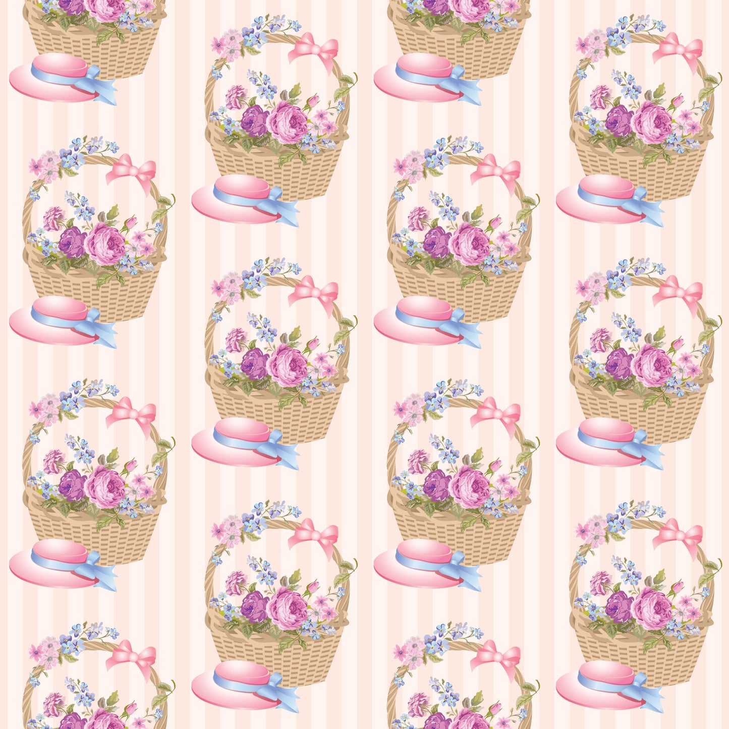 pink, purple, blue, floral pattern, wicker baskets, tea party, roses, forget-me-nots, ribbons, bows, vintage style, cottage core, feminine design, quilting cotton, fabric panel, repeating motif, pastel colors, flower arrangements, romantic aesthetic, spring theme