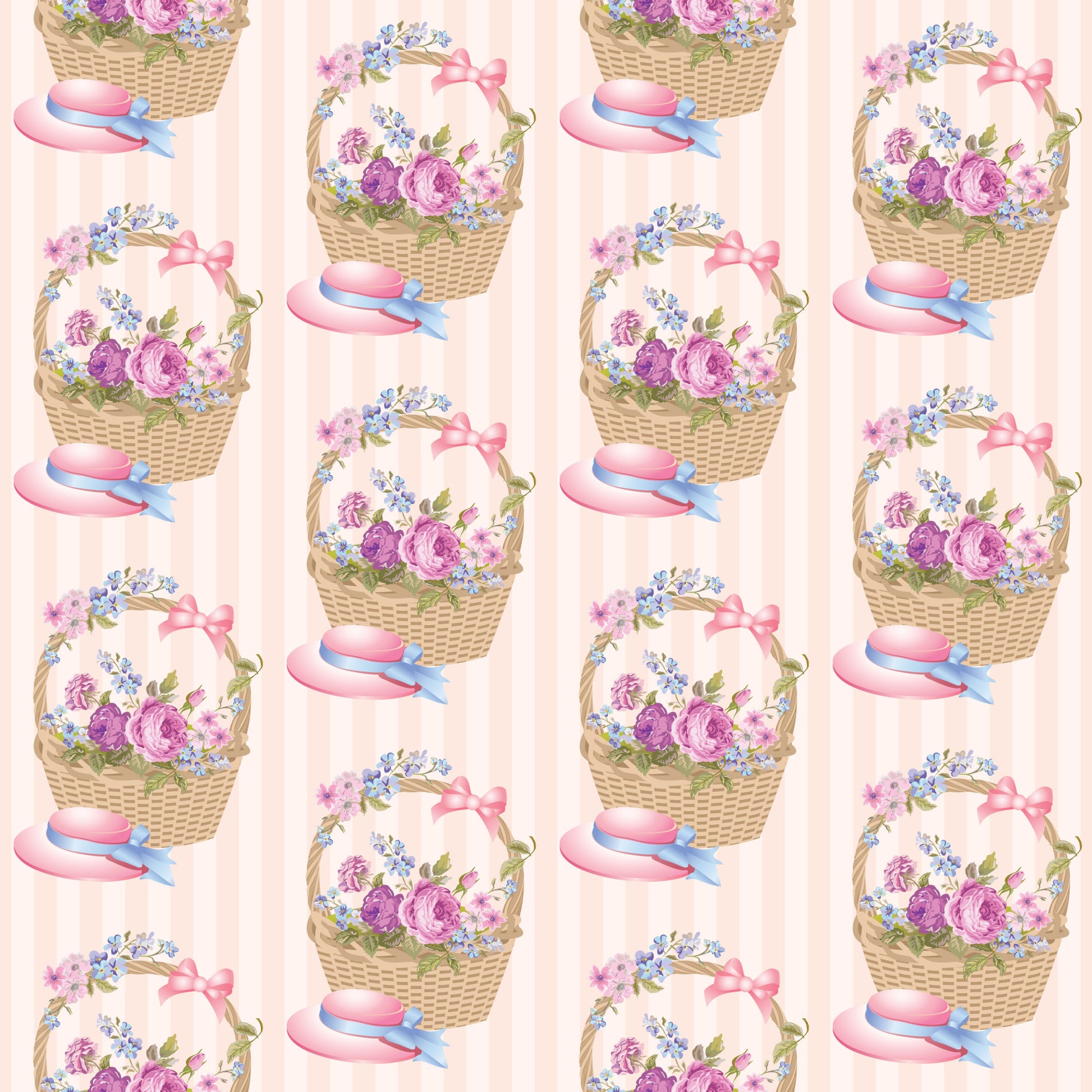 pink, purple, blue, floral pattern, wicker baskets, tea party, roses, forget-me-nots, ribbons, bows, vintage style, cottage core, feminine design, quilting cotton, fabric panel, repeating motif, pastel colors, flower arrangements, romantic aesthetic, spring theme