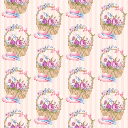 pink, purple, blue, floral pattern, wicker baskets, tea party, roses, forget-me-nots, ribbons, bows, vintage style, cottage core, feminine design, quilting cotton, fabric panel, repeating motif, pastel colors, flower arrangements, romantic aesthetic, spring theme