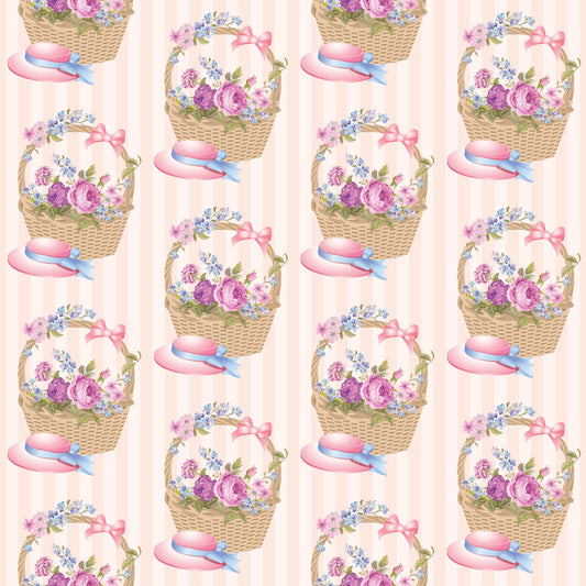 pink, purple, blue, floral pattern, wicker baskets, tea party, roses, forget-me-nots, ribbons, bows, vintage style, cottage core, feminine design, quilting cotton, fabric panel, repeating motif, pastel colors, flower arrangements, romantic aesthetic, spring theme