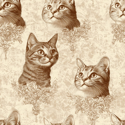 cream, beige, sepia, brown, vintage cats, cat portraits, ornate lace, decorative flourishes, victorian style, antique illustration, quilting cotton, fabric panel, feline faces, baroque ornaments, monochromatic, etched style, repeating pattern, tabby cats, ornamental design, nostalgic artwork