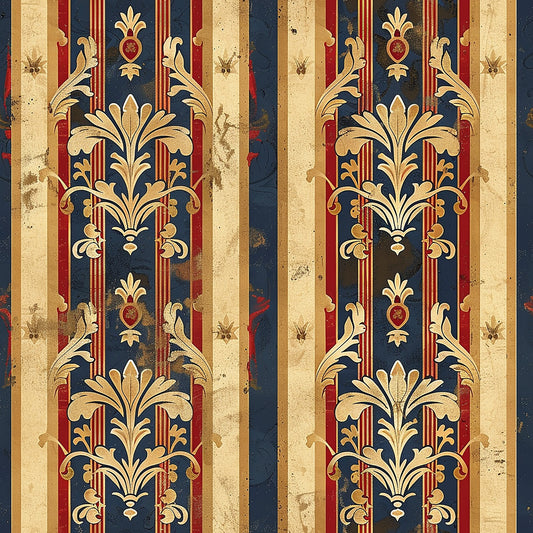 navy blue, burgundy red, cream beige, gold accents, vertical stripes, fleur de lis, ornate scrollwork, medieval motifs, decorative flourishes, heraldic design, vintage weathered, distressed texture, quilting cotton, fabric panel, gothic style, royal pattern, french inspired, baroque elements, antique finish, regal motifs