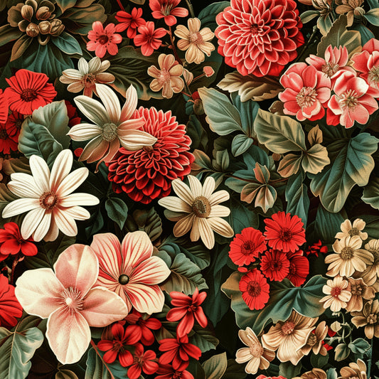 coral red, cream white, sage green, brown tan, realistic flowers, dahlia blooms, daisy petals, hibiscus flowers, dense floral pattern, botanical illustration, vintage style, lush foliage, quilting cotton, fabric panel, nature motif, garden theme, detailed petals, layered blooms, rich textures, seamless design