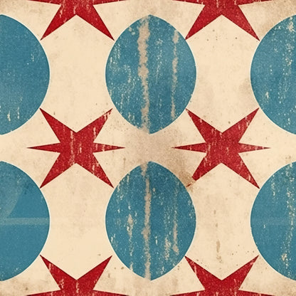 cream background, distressed texture, red stars, blue circles, eight-pointed stars, patriotic theme, weathered finish, geometric pattern, vintage look, quilting cotton, fabric panel, americana design, worn appearance, repeating motif, star pattern, circular elements, aged effect, crafting fabric, sewing material