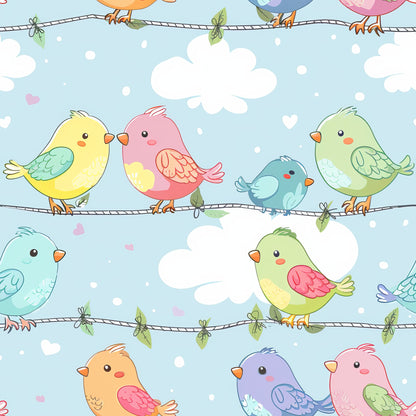 - Cute Birds on a Wire Pattern 1 Quilting Cotton Fabric  
- pastel colors, soft blue background  
- cartoon birds, whimsical, playful  
- green, yellow, pink, purple, blue birds  
- cotton fabric, quilting material  
- hearts, clouds, nature-inspired  
- yardage fabric, lightweight textile