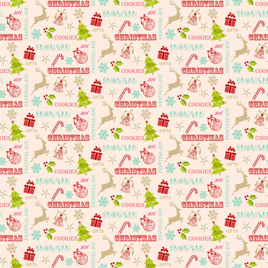 christmas pattern, quilting cotton, fabric panel, holiday motifs, reindeer silhouettes, christmas trees, ornament baubles, candy canes, gift boxes, snowflakes, holly leaves, jingle bells, festive words, cream background, red accents, green elements, turquoise blue, pink text, tan beige, winter theme, seasonal fabric, repeating pattern, holiday crafting